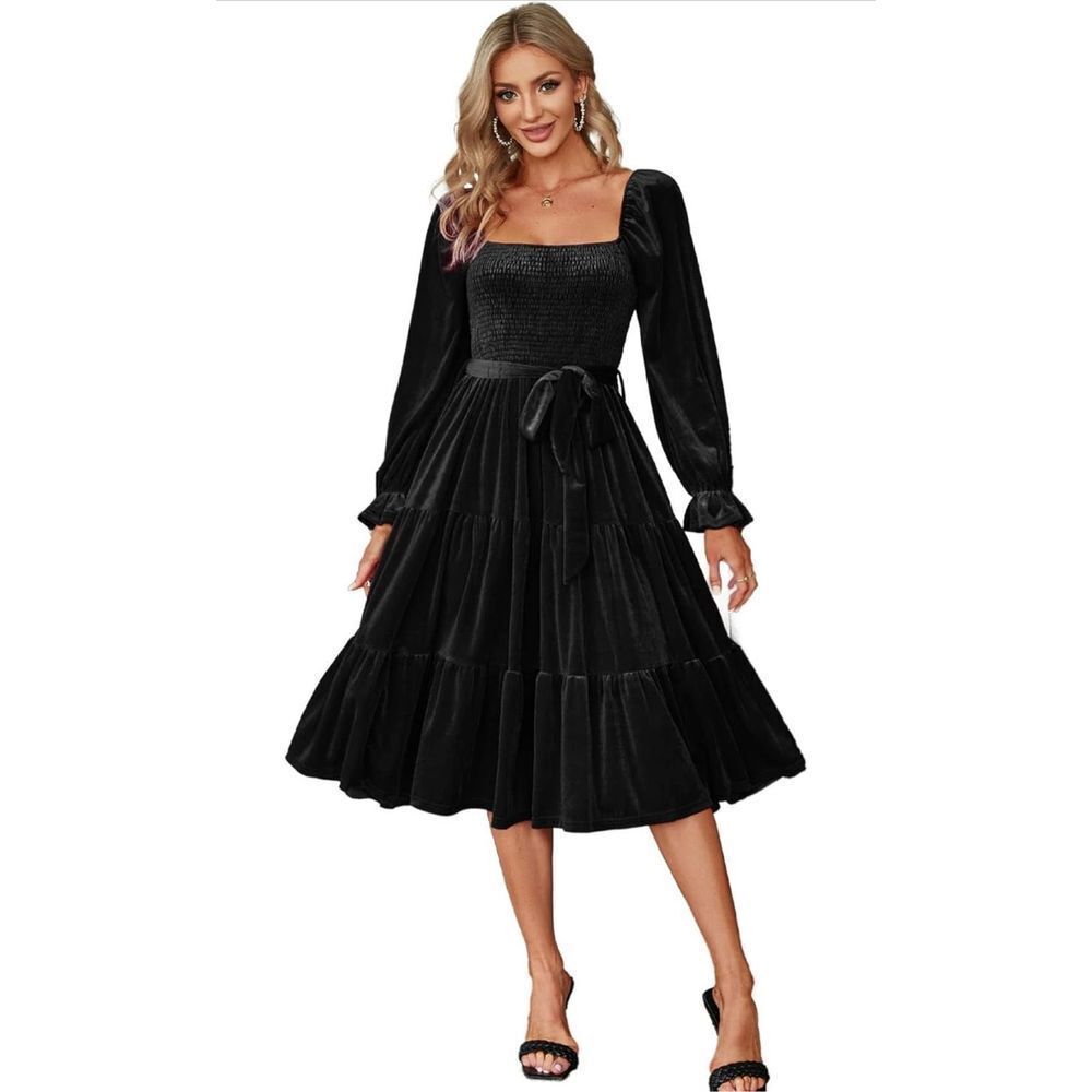 Elegant Black Velvet Party wedding Midi Dress
